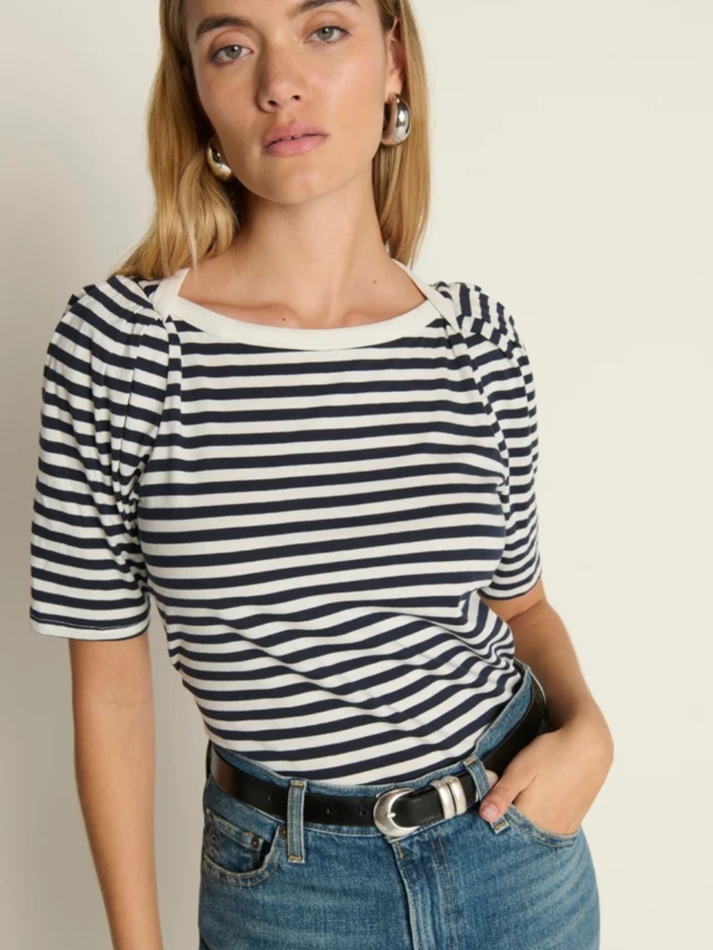 NATION LTD Los Angeles Deana Stripe Envelope Tee Puff Sleeve Top Size M